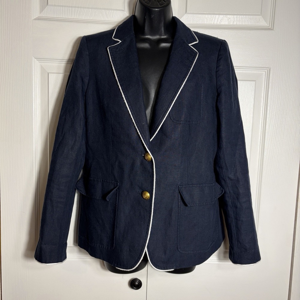 J Crew Rhodes Linen Blazer Women 10 Navy Blue Nautical Gold Button White Piping